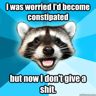 I was worried I'd become constipated but now I don't give a shit.  Lame Pun Coon