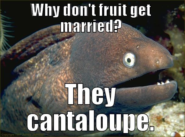 Fruity fun - WHY DON'T FRUIT GET MARRIED? THEY CANTALOUPE. Bad Joke Eel