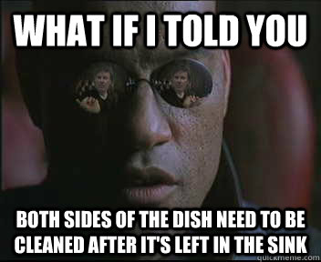 What if i told you Both sides of the dish need to be cleaned after it's left in the sink  brink what if i told you