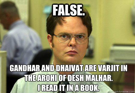 False. 
Gandhar and dhaivat are varjit in the arohi of desh malhar.
I read it in a book.  Schrute
