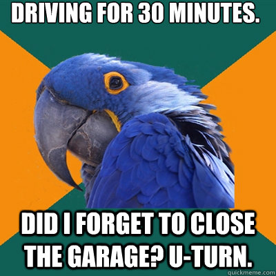 Driving for 30 minutes.  Did I forget to close the garage? U-Turn.   Paranoid Parrot