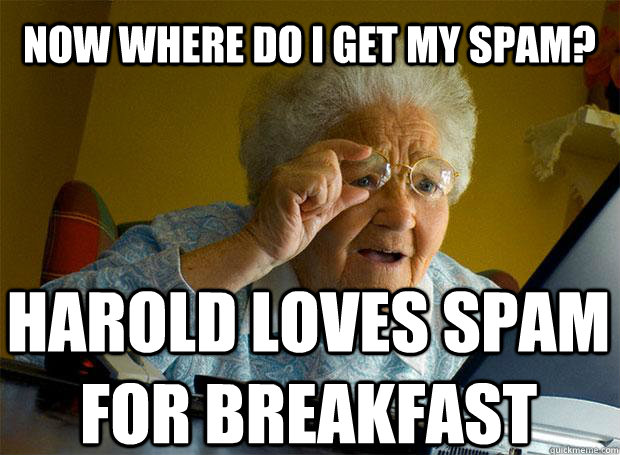 Now where do I get my spam? Harold loves spam for breakfast   Caption 5 goes here - Now where do I get my spam? Harold loves spam for breakfast   Caption 5 goes here  Grandma finds the Internet