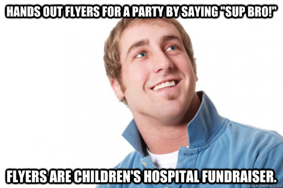 Hands out flyers for a party by saying 