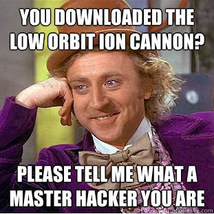 you downloaded the Low orbit ion cannon? please tell me what a master hacker you are - you downloaded the Low orbit ion cannon? please tell me what a master hacker you are  Condescending Wonka