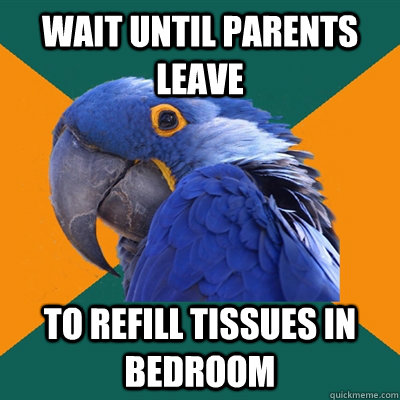 wait until parents leave to refill tissues in bedroom  Paranoid Parrot