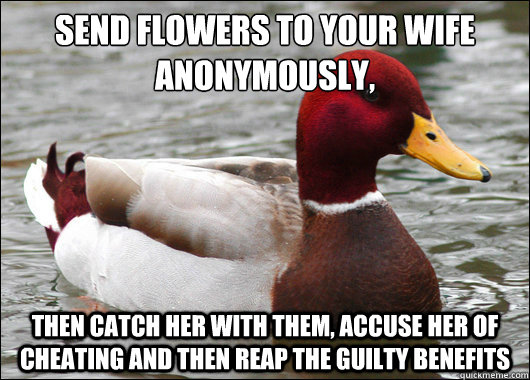 Send flowers to your wife anonymously,
 Then catch her with them, accuse her of cheating and then reap the guilty benefits  Malicious Advice Mallard