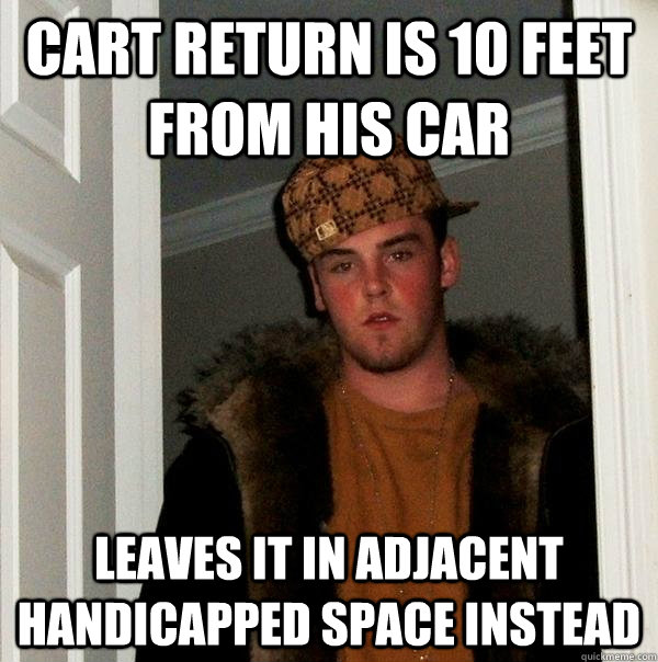 Cart return is 10 feet from his car leaves it in adjacent handicapped space instead - Cart return is 10 feet from his car leaves it in adjacent handicapped space instead  Misc