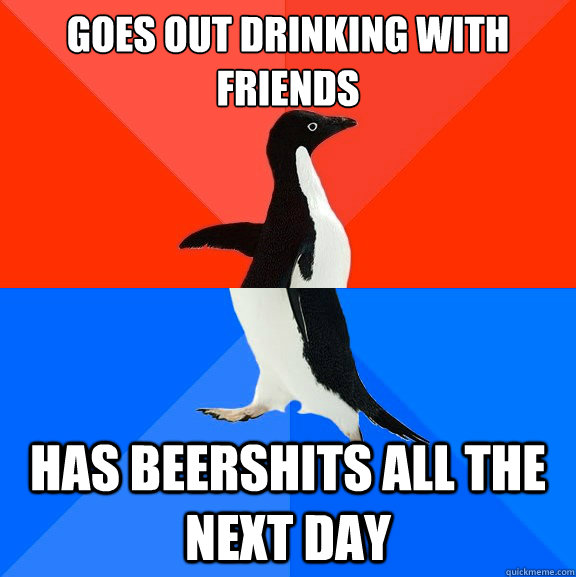 Goes out drinking with friends Has beershits all the next day  Socially Awesome Awkward Penguin