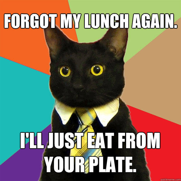 Forgot my lunch again. I'll just eat from your plate. - Forgot my lunch again. I'll just eat from your plate.  Business Cat