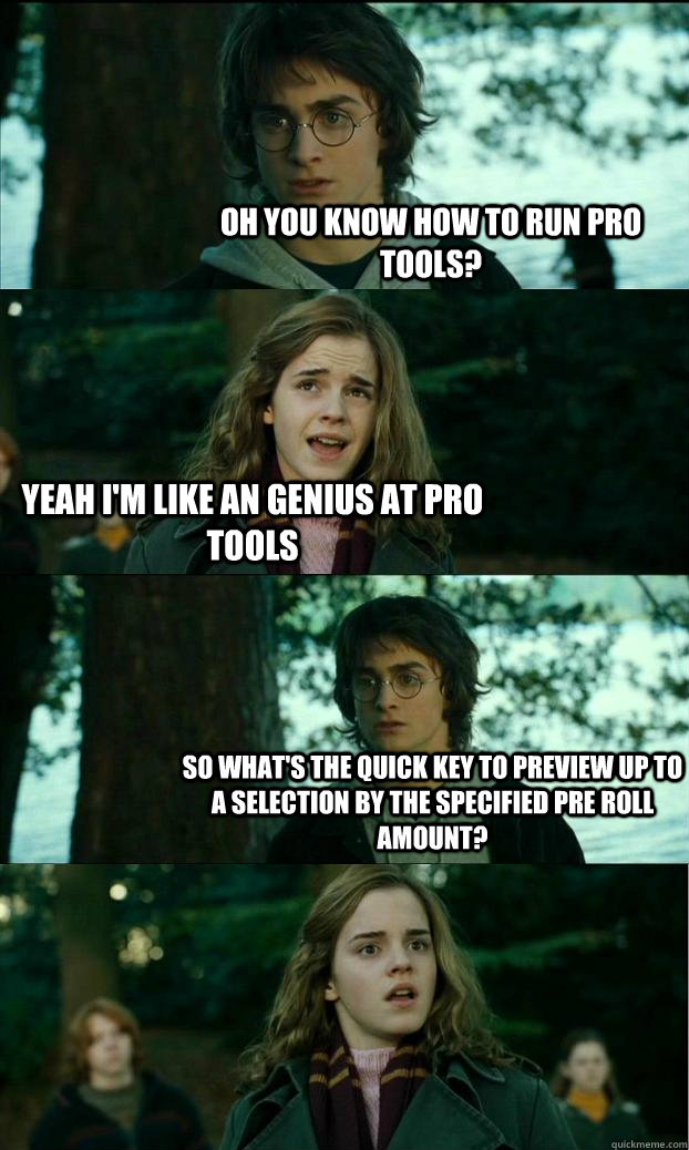 Oh you know how to run pro tools? Yeah i'm like an genius at pro tools So what's the quick key to Preview up to a selection by the specified pre roll amount? - Oh you know how to run pro tools? Yeah i'm like an genius at pro tools So what's the quick key to Preview up to a selection by the specified pre roll amount?  Horny Harry