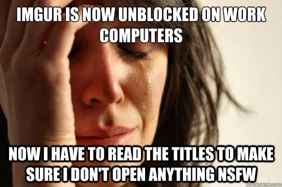imgur is now unblocked on work computers now i have to read the titles to make sure i don't open anything nsfw  First World Problems