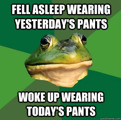 Fell asleep wearing yesterday's pants woke up wearing today's pants  Foul Bachelor Frog