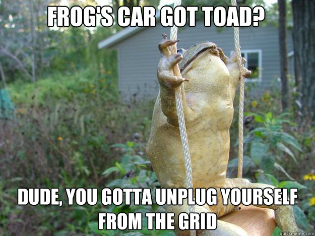 Frog's car got toad? dude, you gotta unplug yourself from the grid - Frog's car got toad? dude, you gotta unplug yourself from the grid  Carefree Frog