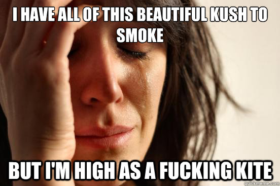 I have all of this beautiful kush to smoke but i'm high as a fucking kite  First World Problems