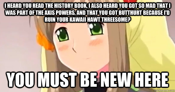I heard you read the history book, I also heard you got so mad that I was part of the axis powers, and that you got butthurt because I'd ruin your kawaii hawt threesome? You must be new here - I heard you read the history book, I also heard you got so mad that I was part of the axis powers, and that you got butthurt because I'd ruin your kawaii hawt threesome? You must be new here  You Must Be new here hetalia
