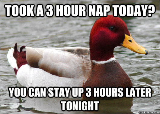 took a 3 hour nap today? you can stay up 3 hours later tonight  Malicious Advice Mallard