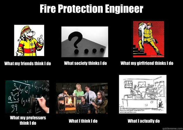 Fire Protection Engineer What I actually do What I think I do What my professors think I do What my girlfriend thinks I do What society thinks I do What my friends think I do  Fire Protection Engineer