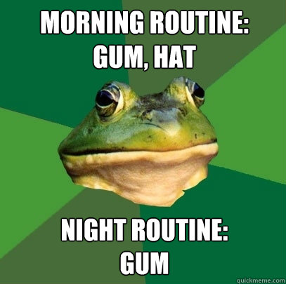 Morning Routine: 
Gum, Hat Night Routine: 
Gum  Foul Bachelor Frog