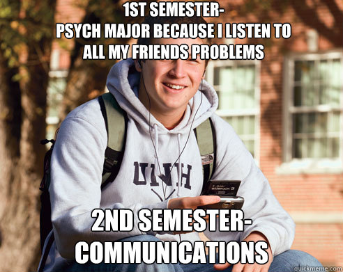 1st semester- 
psych major because i listen to 
all my friends problems 2nd semester- communications   College Freshman