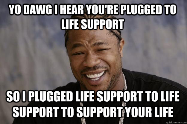 YO DAWG I HEAR YOU're plugged to life support so I plugged life support to life support to support your life  Xzibit meme