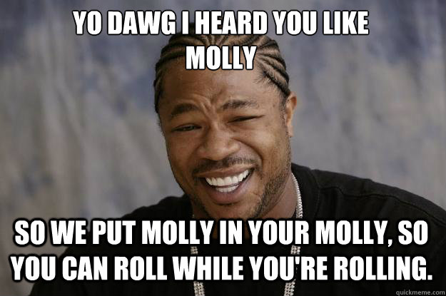YO DAWG I HEARD YOU LIKE 
MOLLY SO WE PUT MOLLY IN YOUR MOLLY, SO YOU CAN ROLL WHILE YOU'RE ROLLING. - YO DAWG I HEARD YOU LIKE 
MOLLY SO WE PUT MOLLY IN YOUR MOLLY, SO YOU CAN ROLL WHILE YOU'RE ROLLING.  Xzibit meme