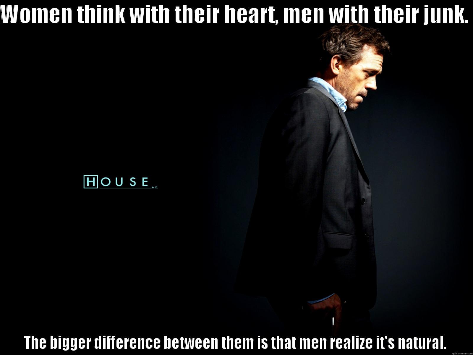 WOMEN THINK WITH THEIR HEART, MEN WITH THEIR JUNK.  THE BIGGER DIFFERENCE BETWEEN THEM IS THAT MEN REALIZE IT'S NATURAL. Misc