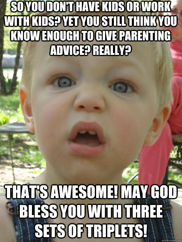So you don't have kids or work with kids? Yet you still think you know enough to give parenting advice? Really? That's awesome! May God bless you with three sets of triplets! - So you don't have kids or work with kids? Yet you still think you know enough to give parenting advice? Really? That's awesome! May God bless you with three sets of triplets!  Really toddler