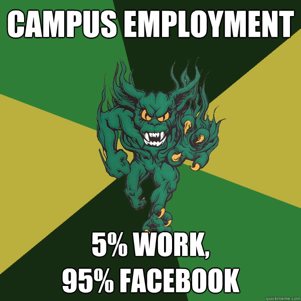 Campus employment 5% work, 
95% facebook  Green Terror