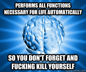 Performs all functions necessary for life automatically so you don't forget and fucking kill yourself  Good Guy Brain