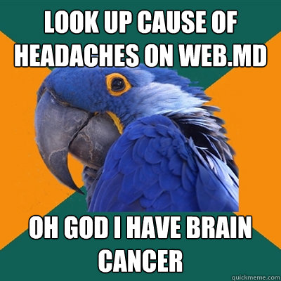 Look up cause of headaches on Web.MD Oh god i have brain cancer  Paranoid Parrot