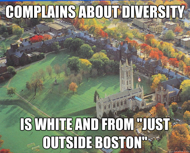 Complains about diversity  Is white and from 
