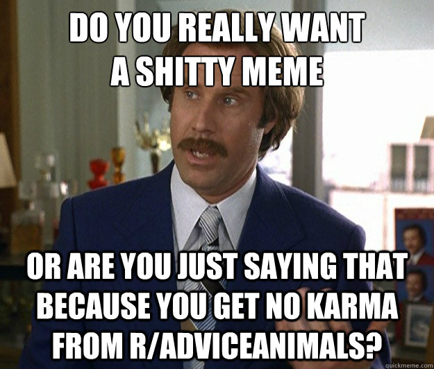 Do you really want
a shitty meme Or are you just saying that because you get no karma from r/adviceanimals?  