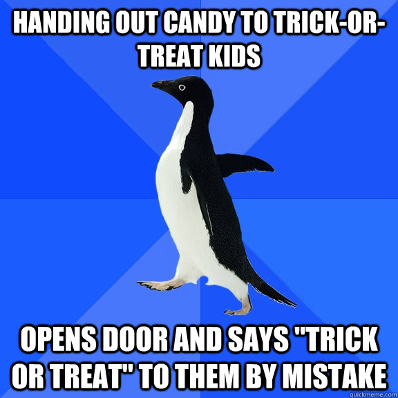 handing out candy to trick-or-treat kids opens door and says 