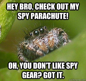 Hey bro, check out my spy parachute! Oh, you don't like spy gear? Got it. - Hey bro, check out my spy parachute! Oh, you don't like spy gear? Got it.  Misunderstood Spider