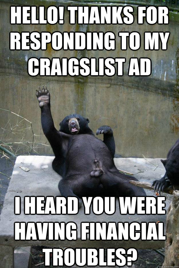 hello! thanks for responding to my craigslist ad i heard you were having financial troubles? - hello! thanks for responding to my craigslist ad i heard you were having financial troubles?  Ballsy Bear