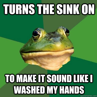 turns the sink on to make it sound like I washed my hands  Foul Bachelor Frog
