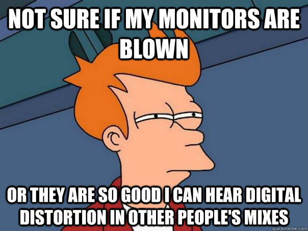 Not sure if my monitors are blown or they are so good I can hear digital distortion in other people's mixes  - Not sure if my monitors are blown or they are so good I can hear digital distortion in other people's mixes   Futurama Fry