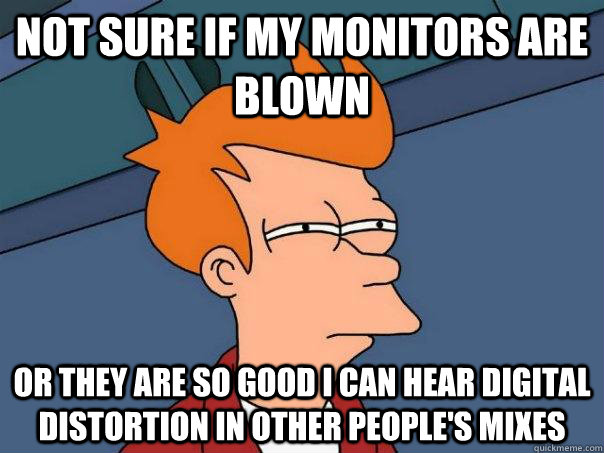 Not sure if my monitors are blown or they are so good I can hear digital distortion in other people's mixes   Futurama Fry