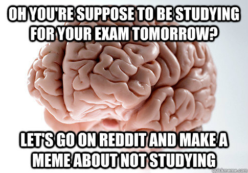 Oh you're suppose to be studying for your exam tomorrow? Let's go on reddit and make a meme about not studying - Oh you're suppose to be studying for your exam tomorrow? Let's go on reddit and make a meme about not studying  Scumbag Brain