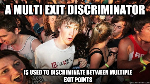 A Multi Exit Discriminator is used to discriminate between multiple exit points  Sudden Clarity Clarence