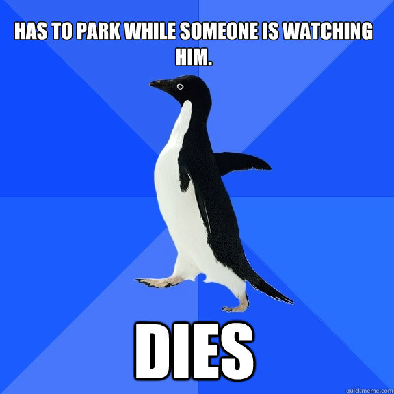 Has to park while someone is watching him. Dies    Socially Awkward Penguin