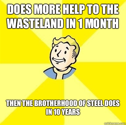 Does more help to the wasteland in 1 month Then the brotherhood of steel does in 10 years  Fallout 3