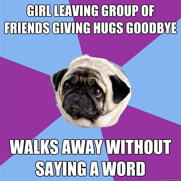 girl leaving group of friends giving hugs goodbye walks away without saying a word  Lonely Pug