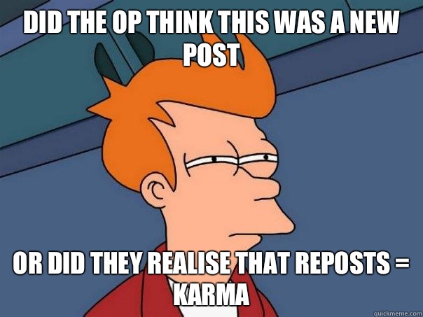 Did the op think this was a new post Or did they realise that reposts = karma   Futurama Fry