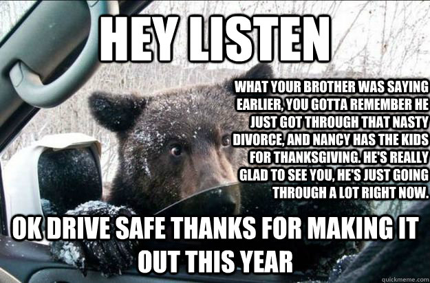 hey listen what your brother was saying earlier, you gotta remember he just got through that nasty divorce, and nancy has the kids for thanksgiving. he's really glad to see you, he's just going through a lot right now. ok drive safe thanks for making it o  