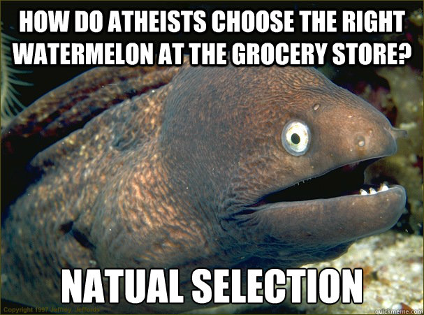 How do atheists choose the right watermelon at the grocery store? natual selection - How do atheists choose the right watermelon at the grocery store? natual selection  Bad Joke Eel
