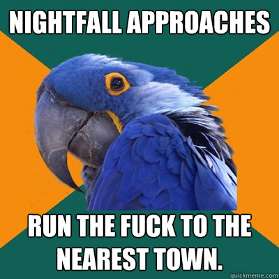 Nightfall approaches Run the fuck to the nearest town.  Paranoid Parrot