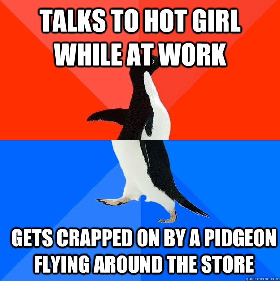 Talks to hot girl while at work Gets crapped on by a pidgeon flying around the store  Socially Awesome Awkward Penguin