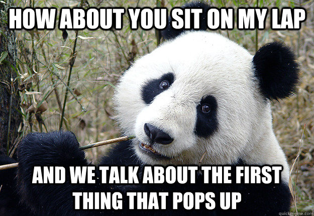 how about you sit on my lap and we talk about the first thing that pops up - how about you sit on my lap and we talk about the first thing that pops up  Pick-up line Panda