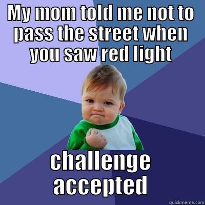 MY MOM TOLD ME NOT TO PASS THE STREET WHEN YOU SAW RED LIGHT CHALLENGE ACCEPTED Success Kid